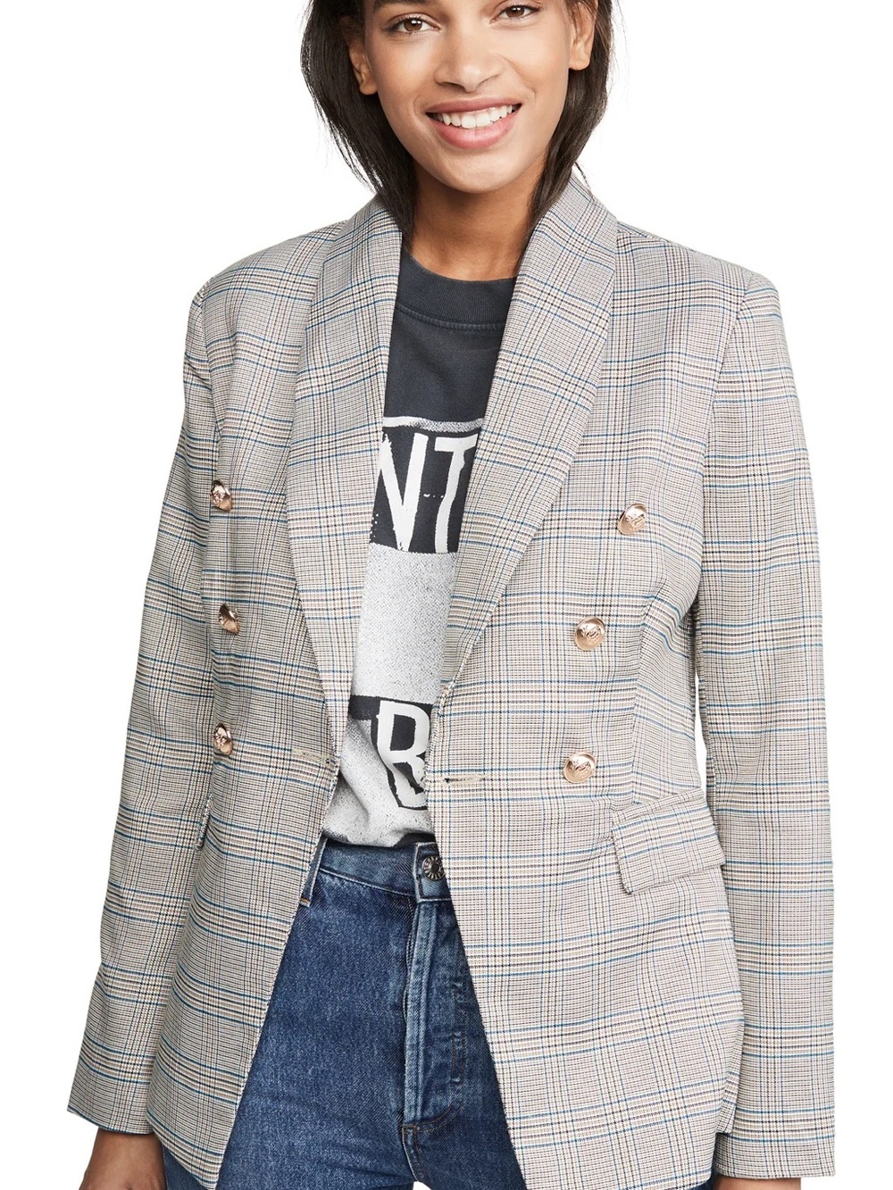 Lioness Beige Plaid Double-Breasted Blazer with Blue Windowpane